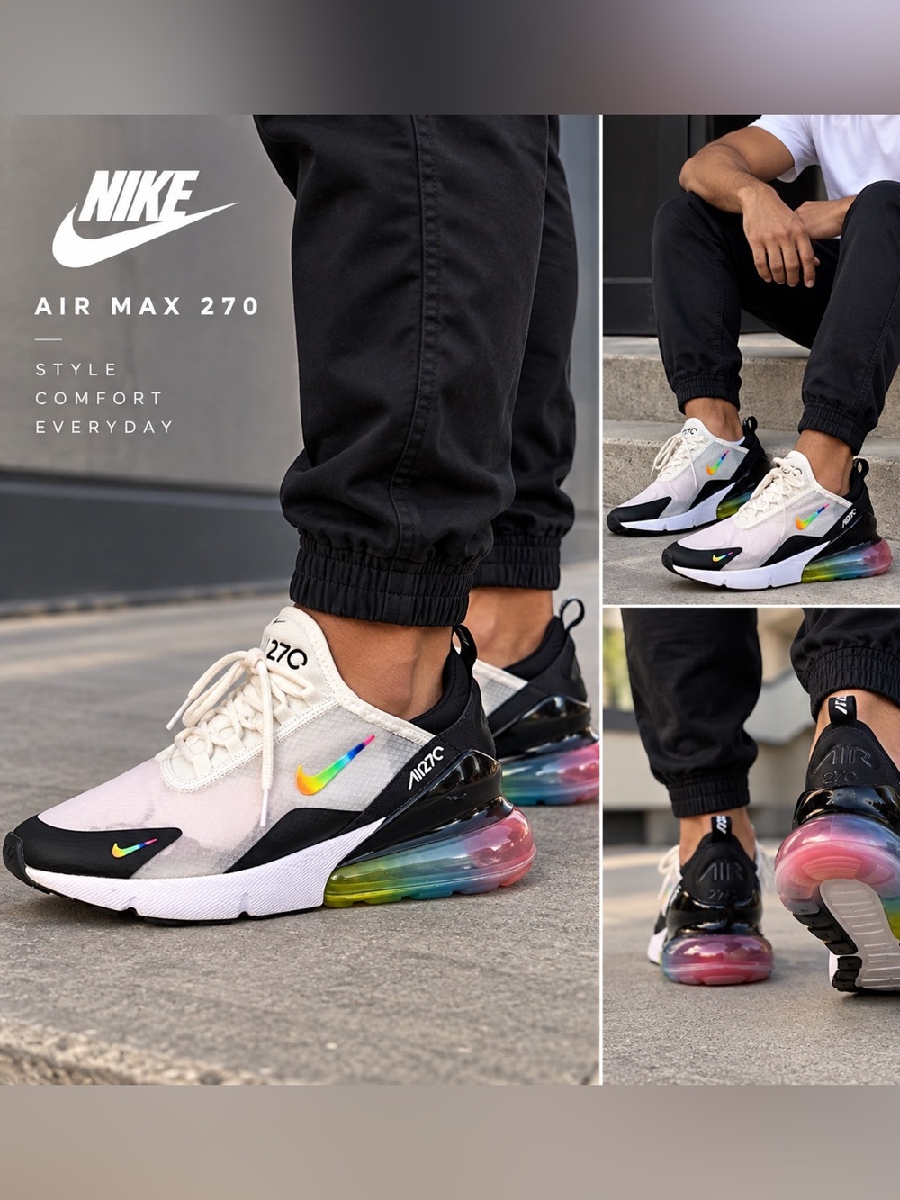 Nike Women’s Pink and Black Air Max 270 React Sneakers with Rainbow Swoosh